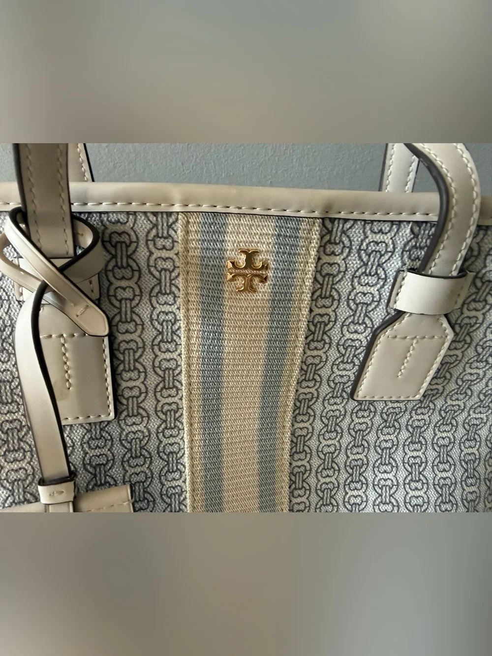 Tory Burch Cream and Light Blue Logo-Print Canvas Tote
